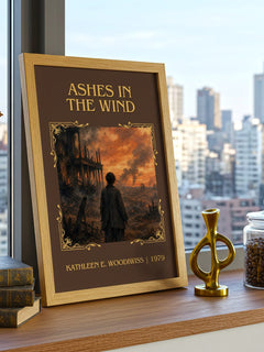 Ashes in the Wind Classic Book Art Print by Kathleen E. Woodiwiss – framed print on a city-view windowsill