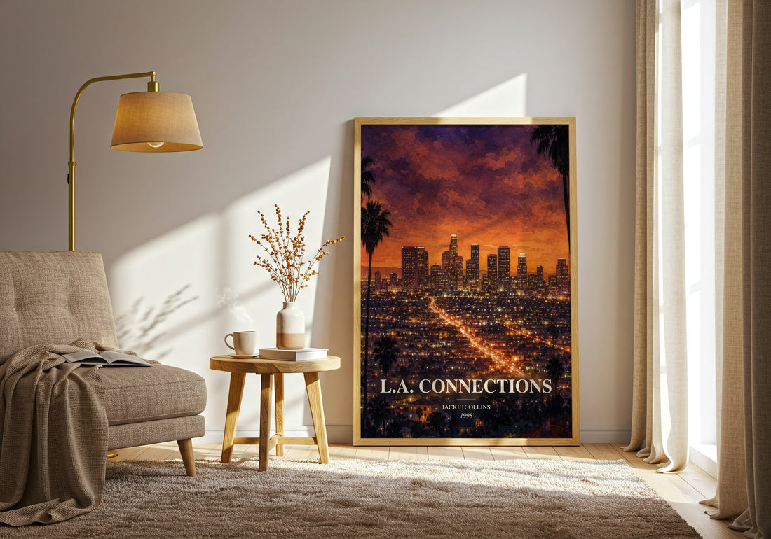 L.A. Connections watercolour print in frame leaning in hallway – crime wall art (mockup)