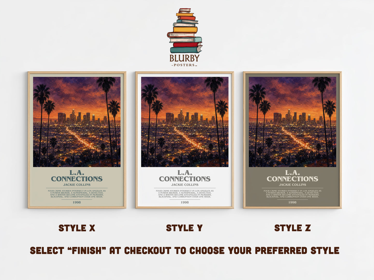 L.A. Connections bookish print in frame leaning in hallway – crime wall art