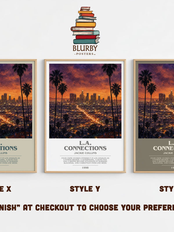 L.A. Connections bookish print in frame leaning in hallway – crime wall art