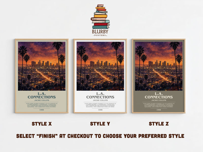 L.A. Connections bookish print in frame leaning in hallway – crime wall art
