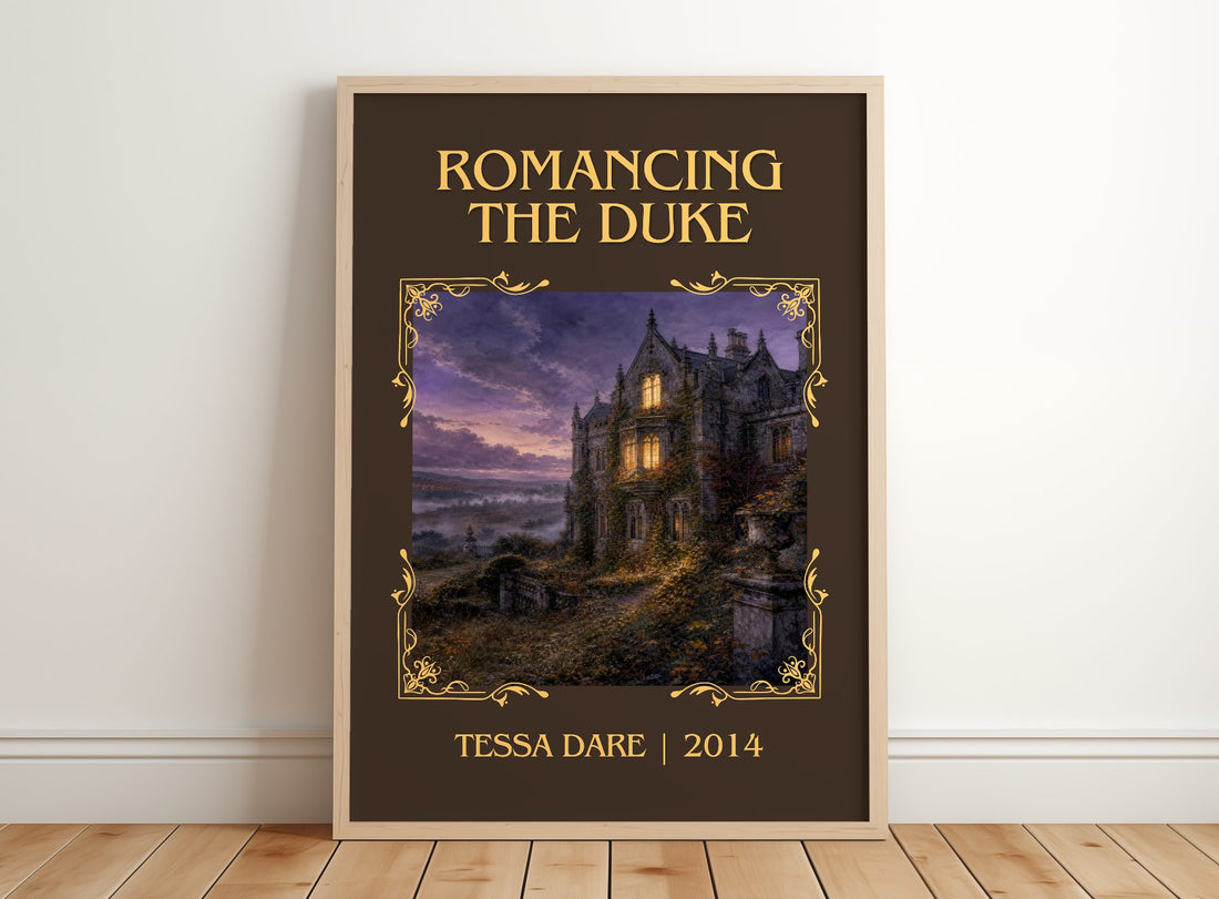 Romancing the Duke Classic Book Art Print by Tessa Dare – framed print leaning on a wooden floor