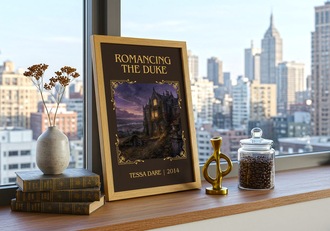 Romancing the Duke Classic Book Art Print by Tessa Dare – framed print on a city-view windowsill