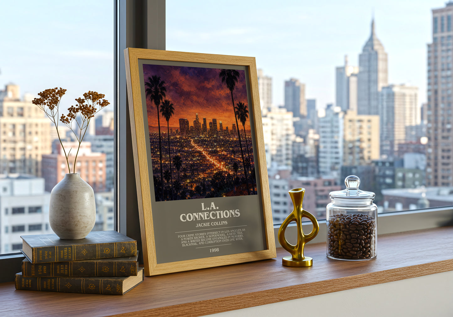 L.A. Connections bookish print framed by window – literary home decor