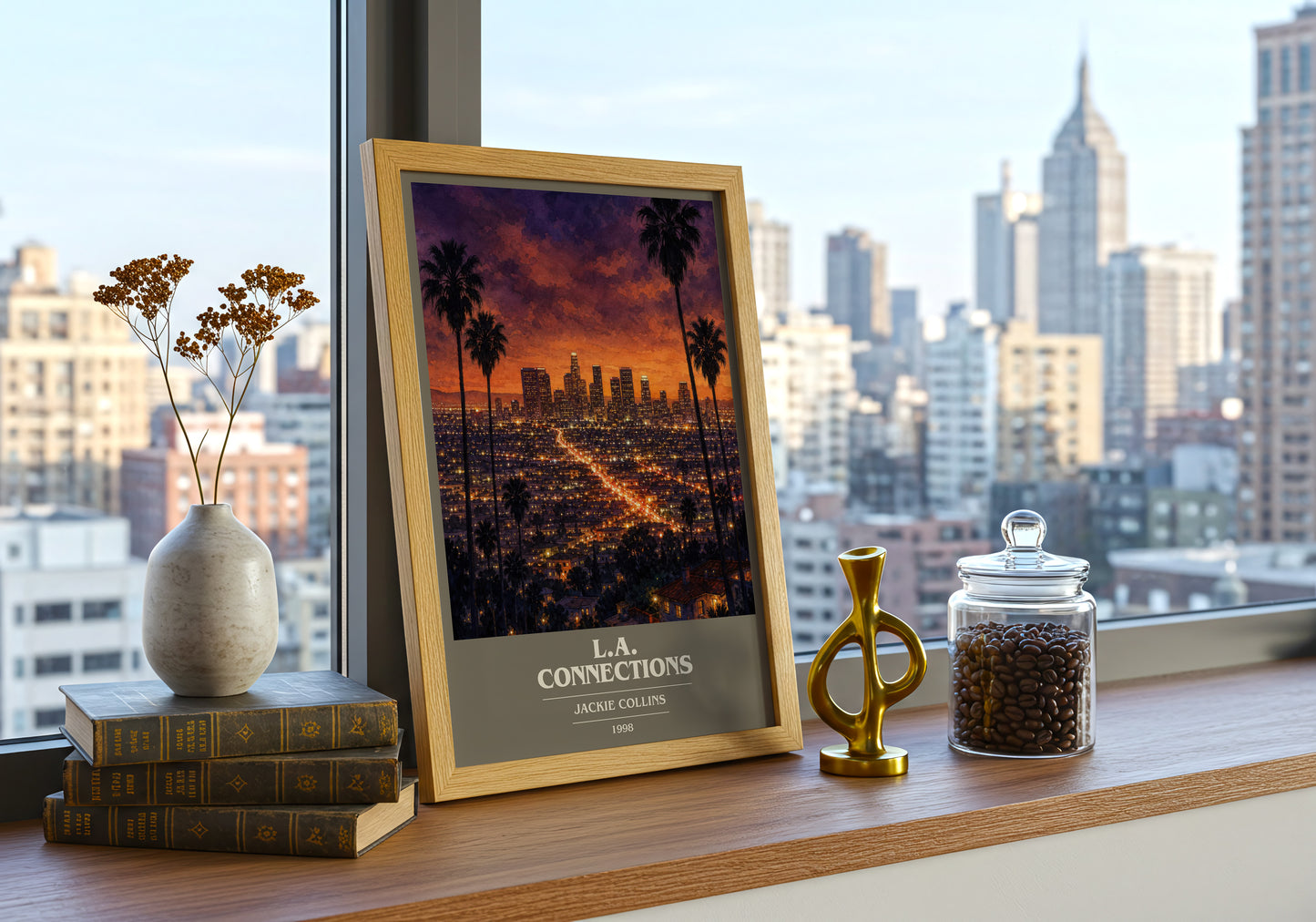 L.A. Connections book cover print framed by window – literary home decor