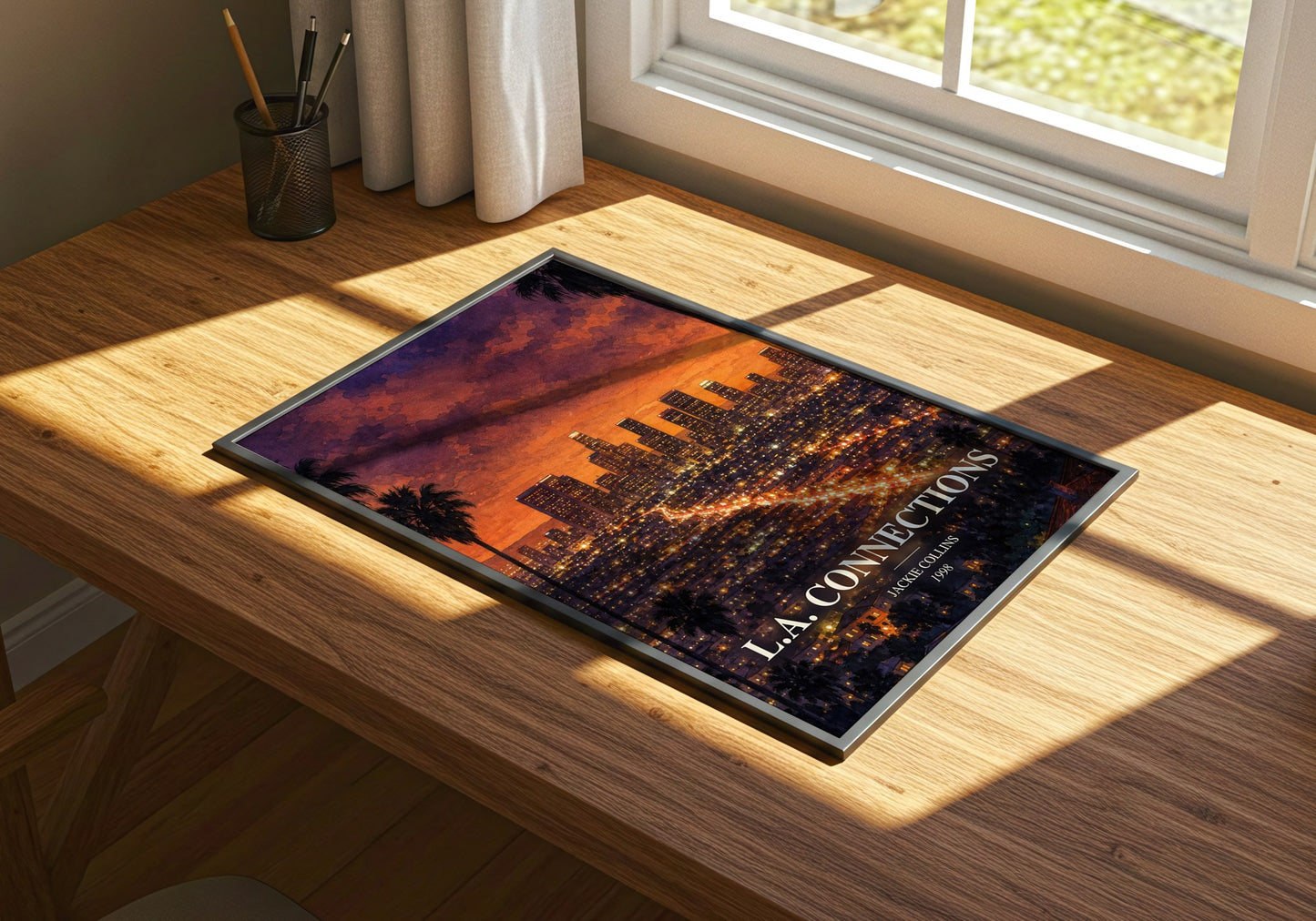 L.A. Connections watercolour book poster framed on wall – crime wall art