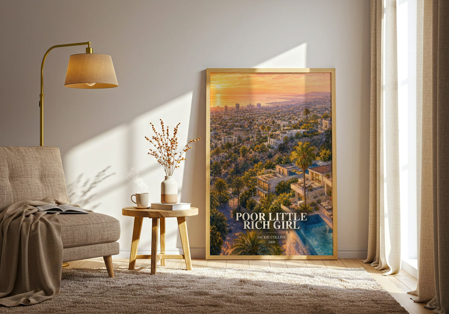 Poor Little Rich Girl watercolour print in frame leaning in hallway – contemporary fiction wall art