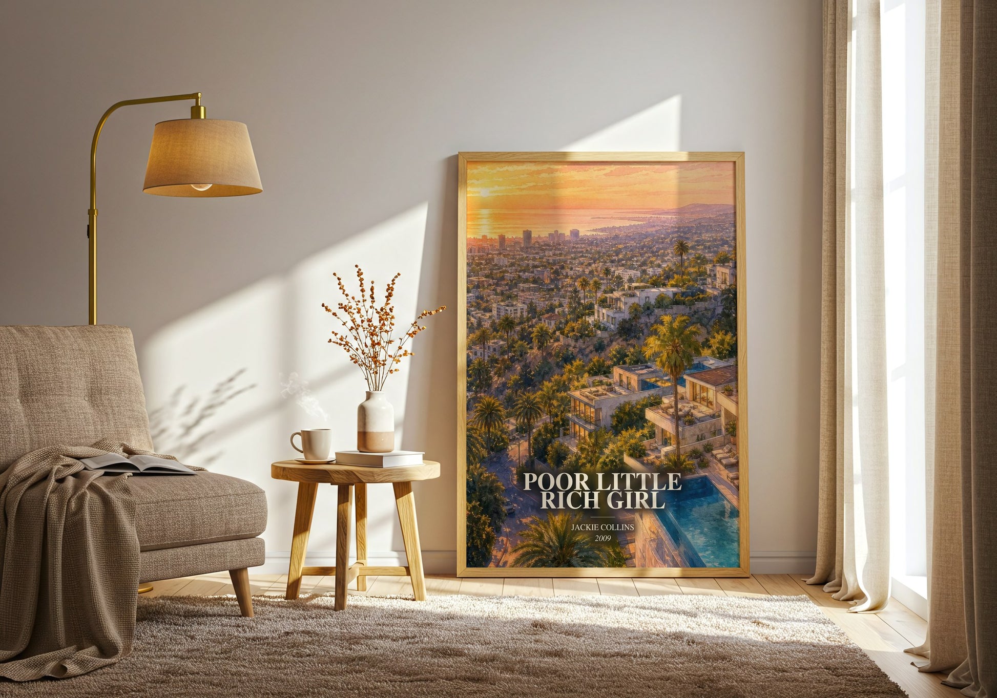 Poor Little Rich Girl watercolour print in frame leaning in hallway – contemporary fiction wall art