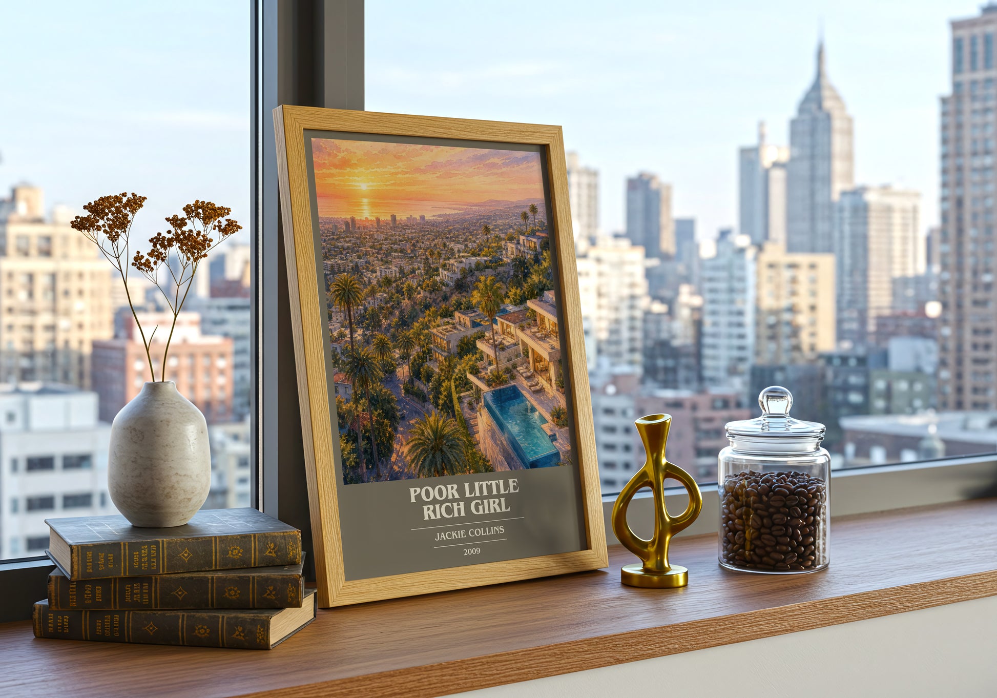 Poor Little Rich Girl book cover print framed by window – literary home decor