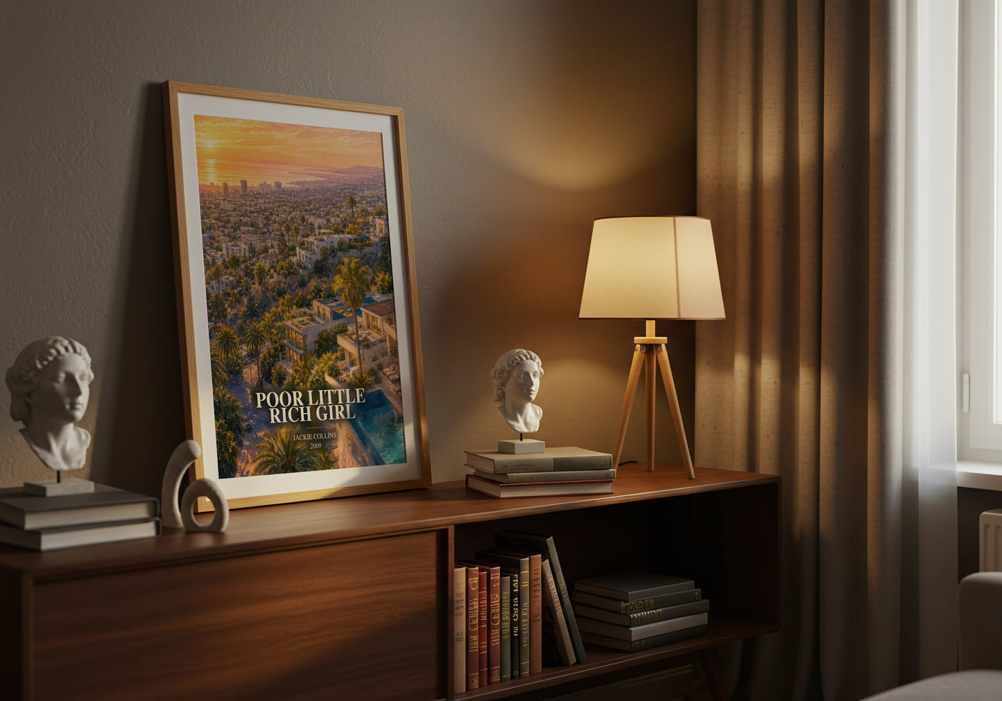 Poor Little Rich Girl watercolour print on bookshelf – Jackie Collins fan gift