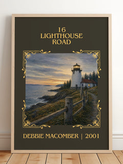 16 Lighthouse Road Classic Book Art Print by Debbie Macomber – framed print leaning on a wooden floor