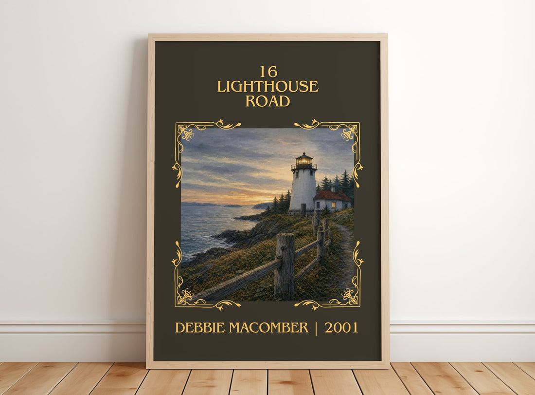 16 Lighthouse Road Classic Book Art Print by Debbie Macomber – framed print leaning on a wooden floor