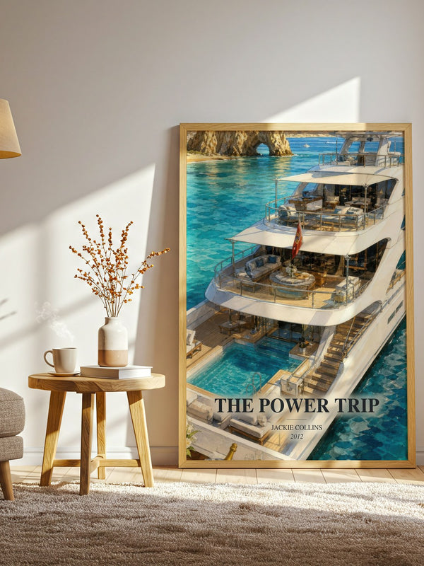 The Power Trip watercolour print in frame leaning in hallway – contemporary fiction wall art