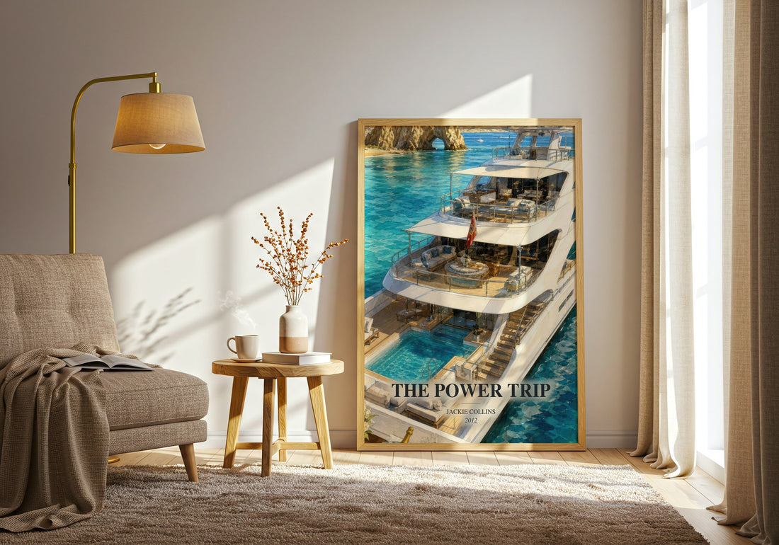 The Power Trip watercolour print in frame leaning in hallway – contemporary fiction wall art (mockup)