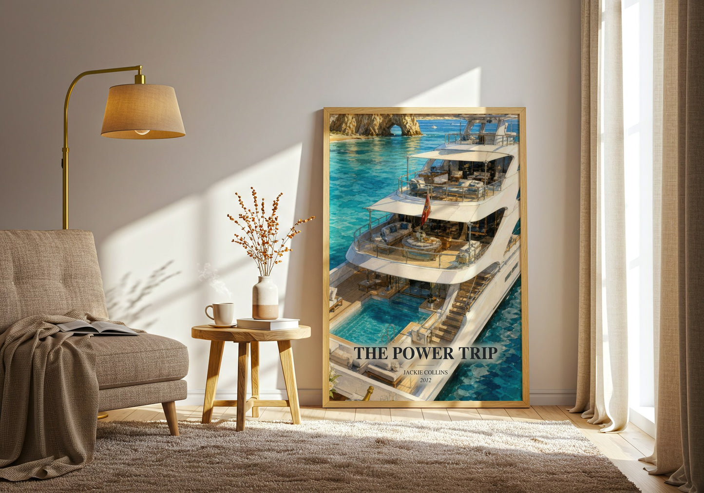The Power Trip watercolour print in frame leaning in hallway – contemporary fiction wall art