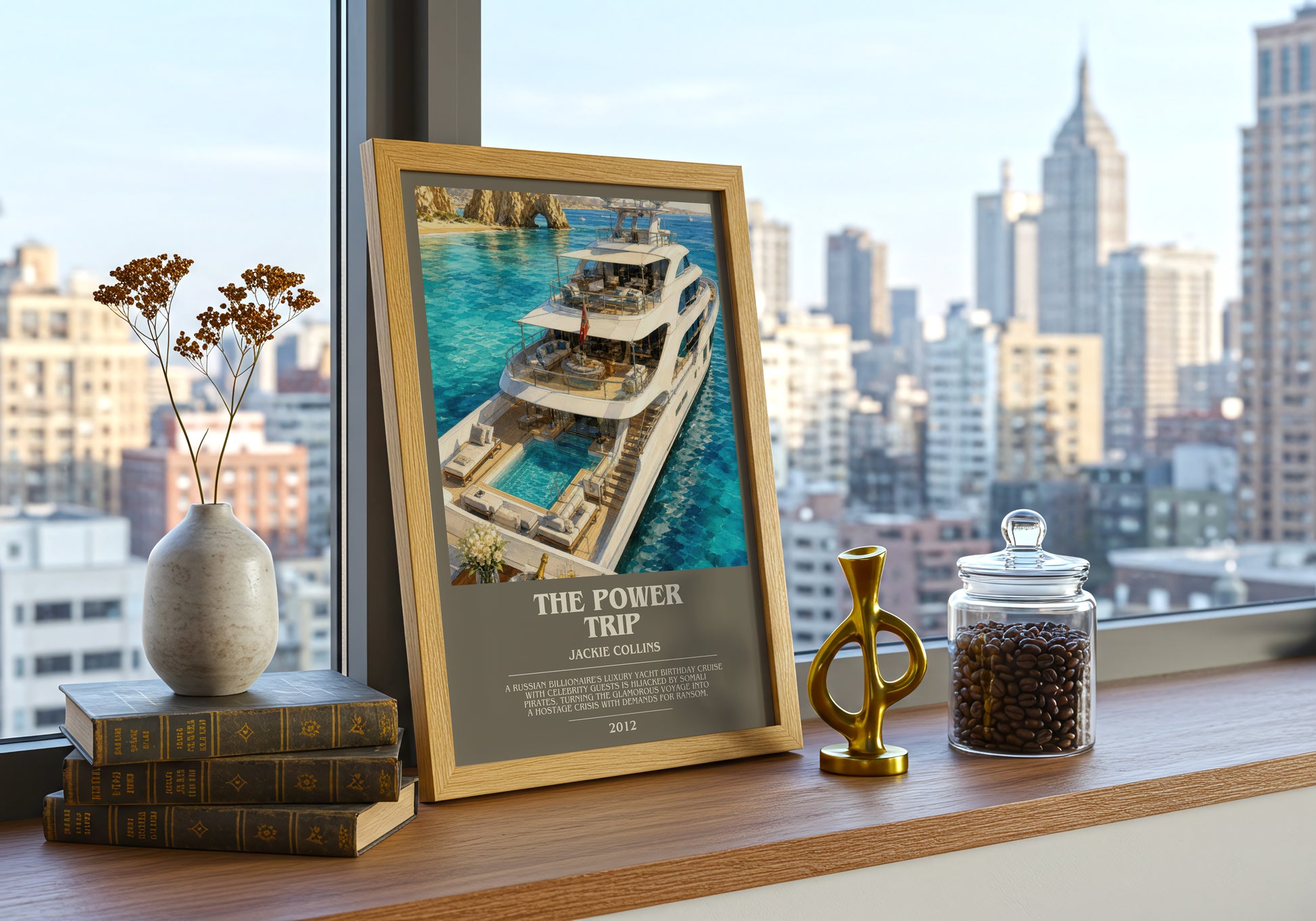 The Power Trip bookish print framed by window – literary home decor