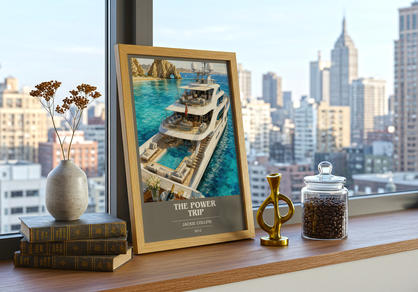 The Power Trip book cover print framed by window – literary home decor