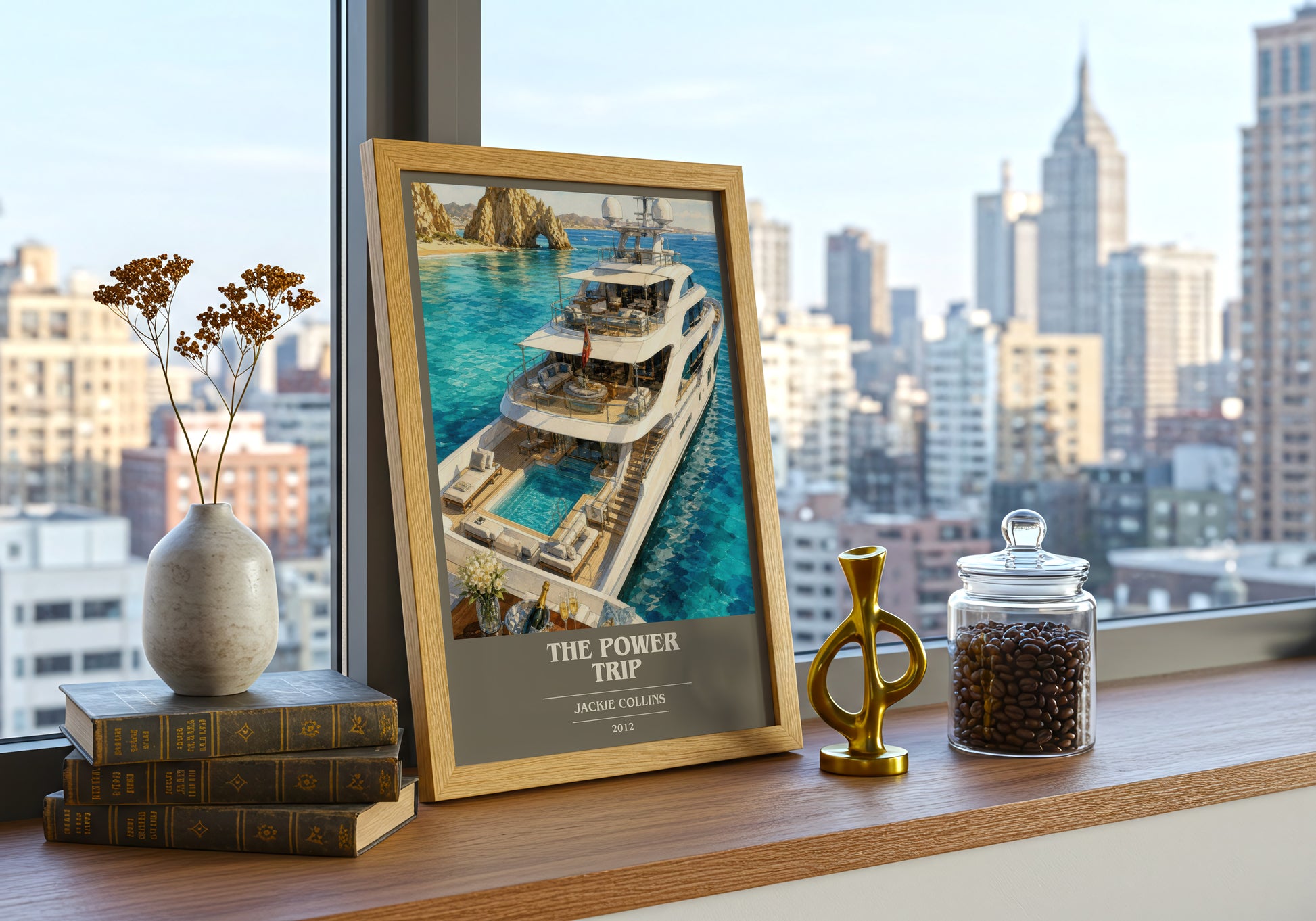 The Power Trip book cover print framed by window – literary home decor