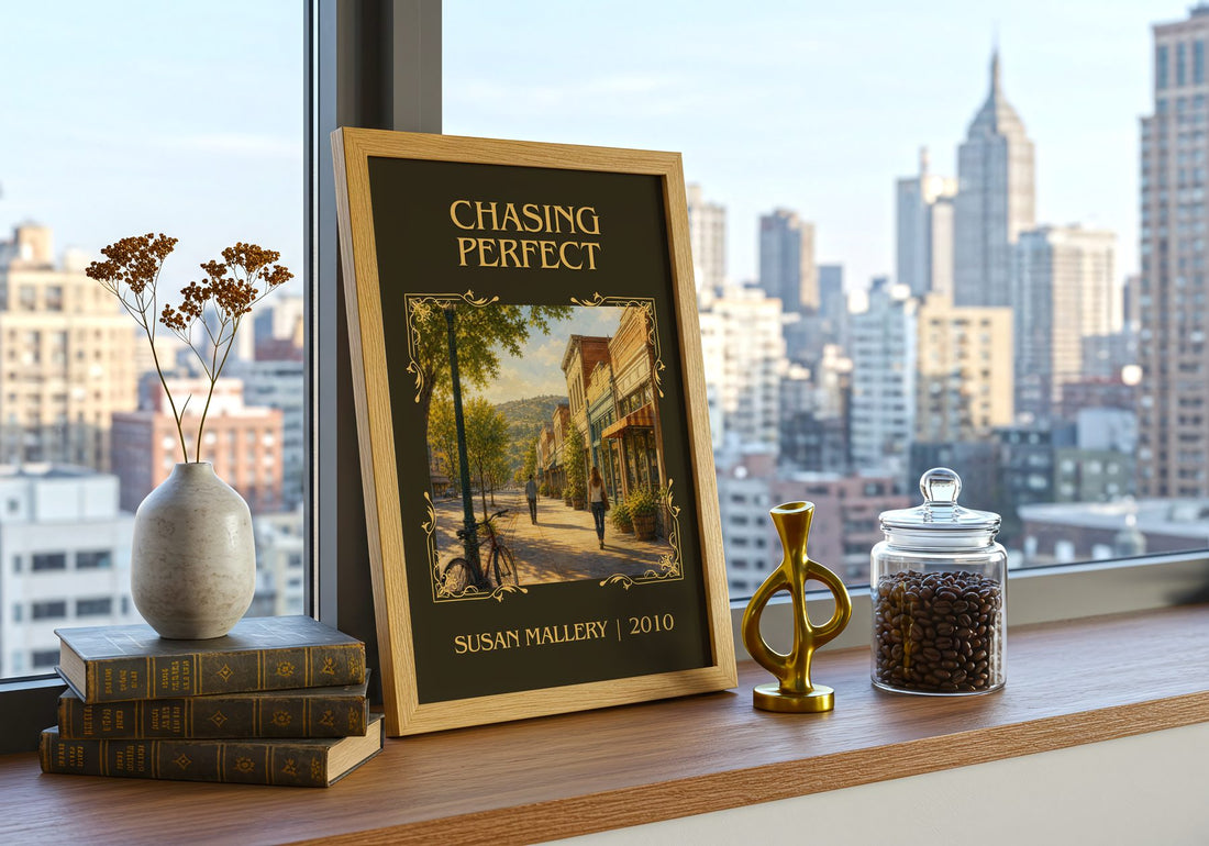 Chasing Perfect Classic Book Art Print by Susan Mallery – framed print on a city-view windowsill