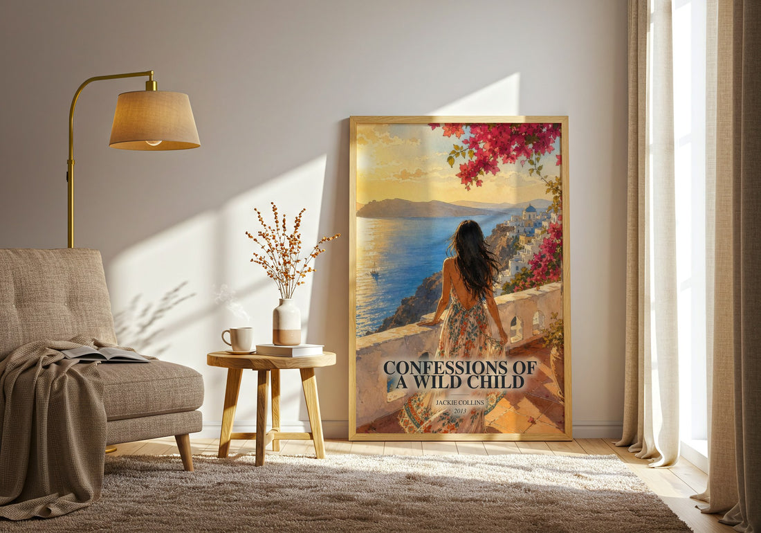 Confessions Of A Wild Child watercolour print in frame leaning in hallway – contemporary fiction wall art (mockup)