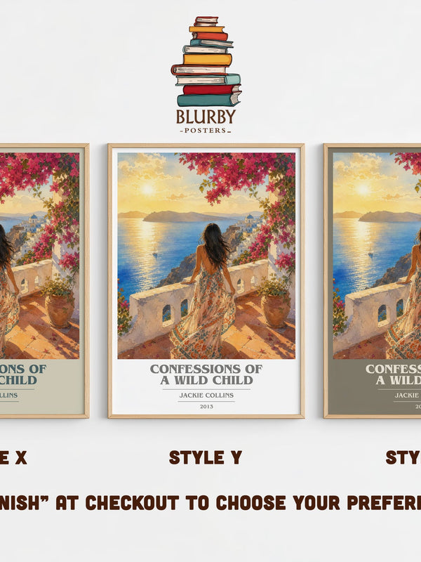 Confessions Of A Wild Child book cover print in frame leaning in hallway – contemporary fiction wall art