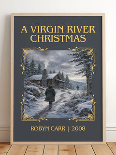 A Virgin River Christmas Classic Book Art Print by Robyn Carr – framed print leaning on a wooden floor