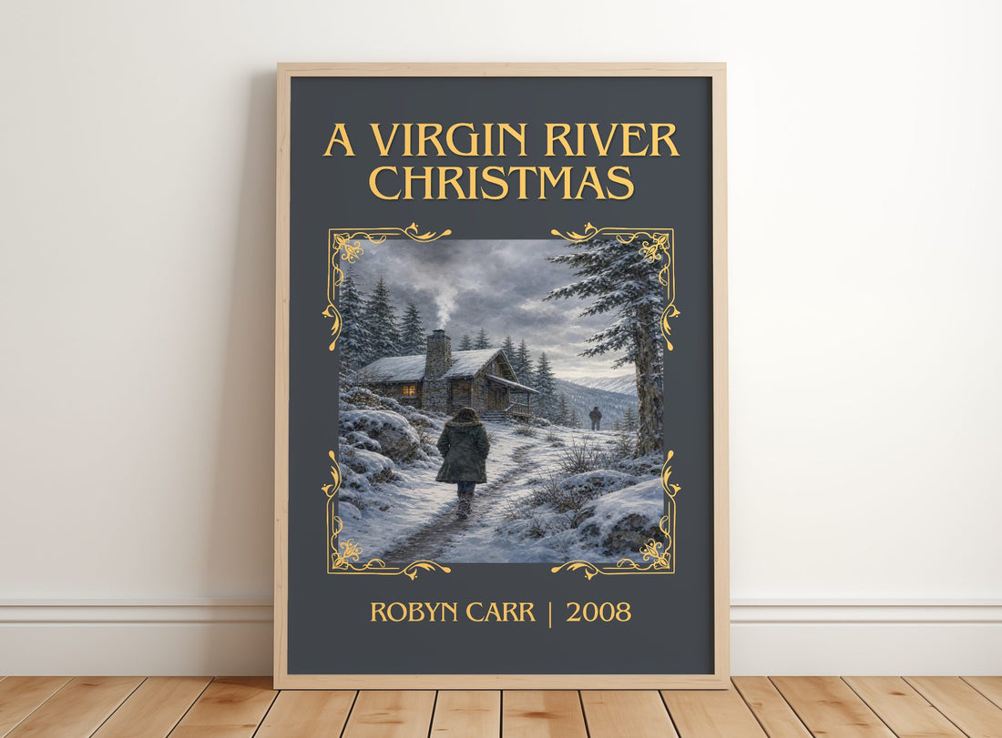 A Virgin River Christmas Classic Book Art Print by Robyn Carr – framed print leaning on a wooden floor