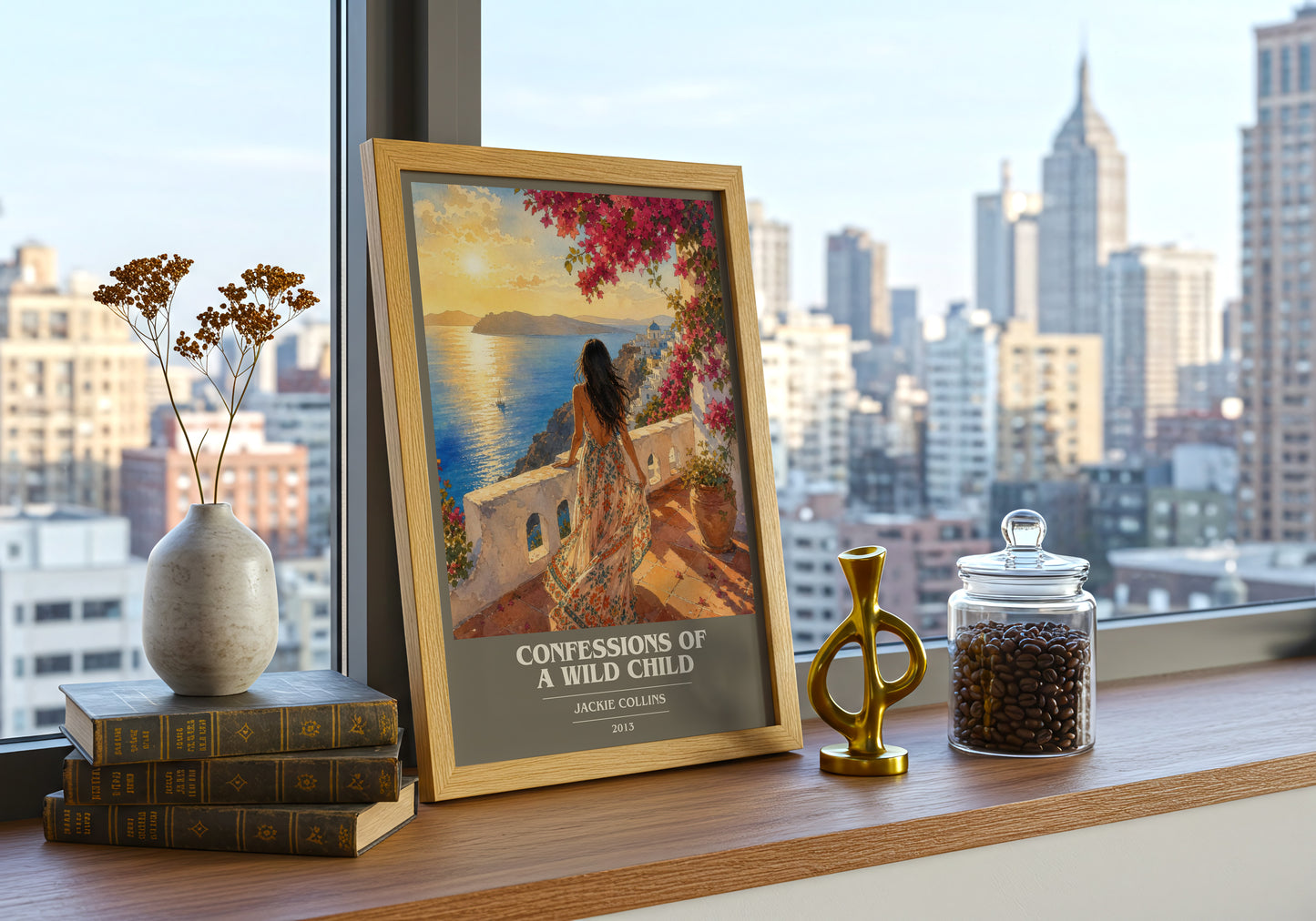 Confessions Of A Wild Child book cover print framed by window – literary home decor