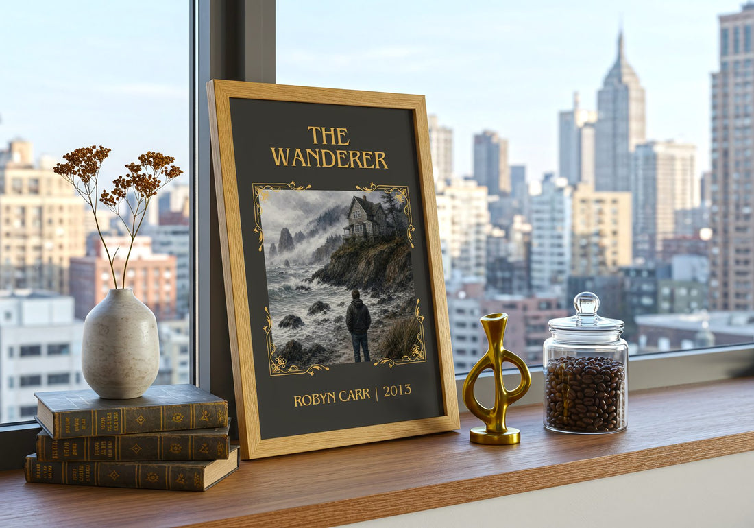 The Wanderer Classic Book Art Print by Robyn Carr – framed print on a city-view windowsill