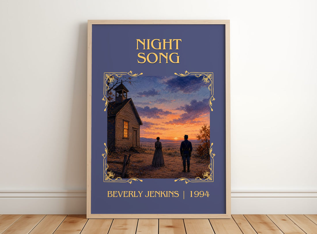 Night Song Classic Book Art Print by Beverly Jenkins – framed print leaning on a wooden floor