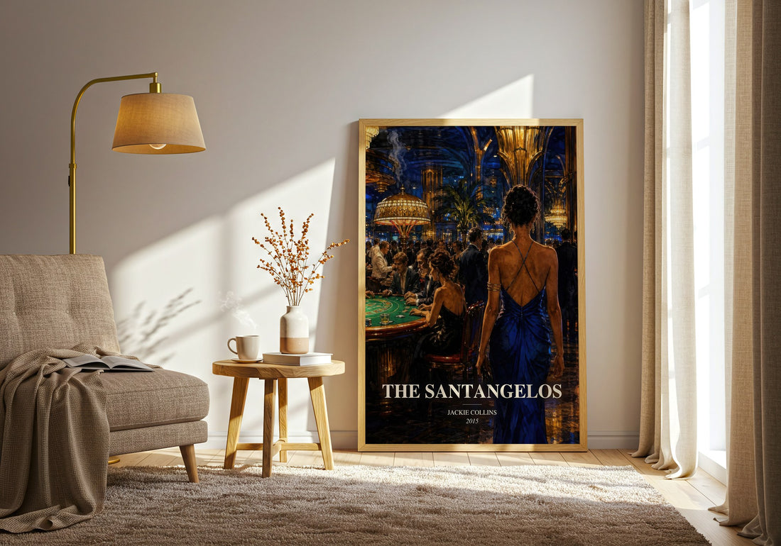 The Santangelos watercolour print in frame leaning in hallway – contemporary fiction wall art (mockup)