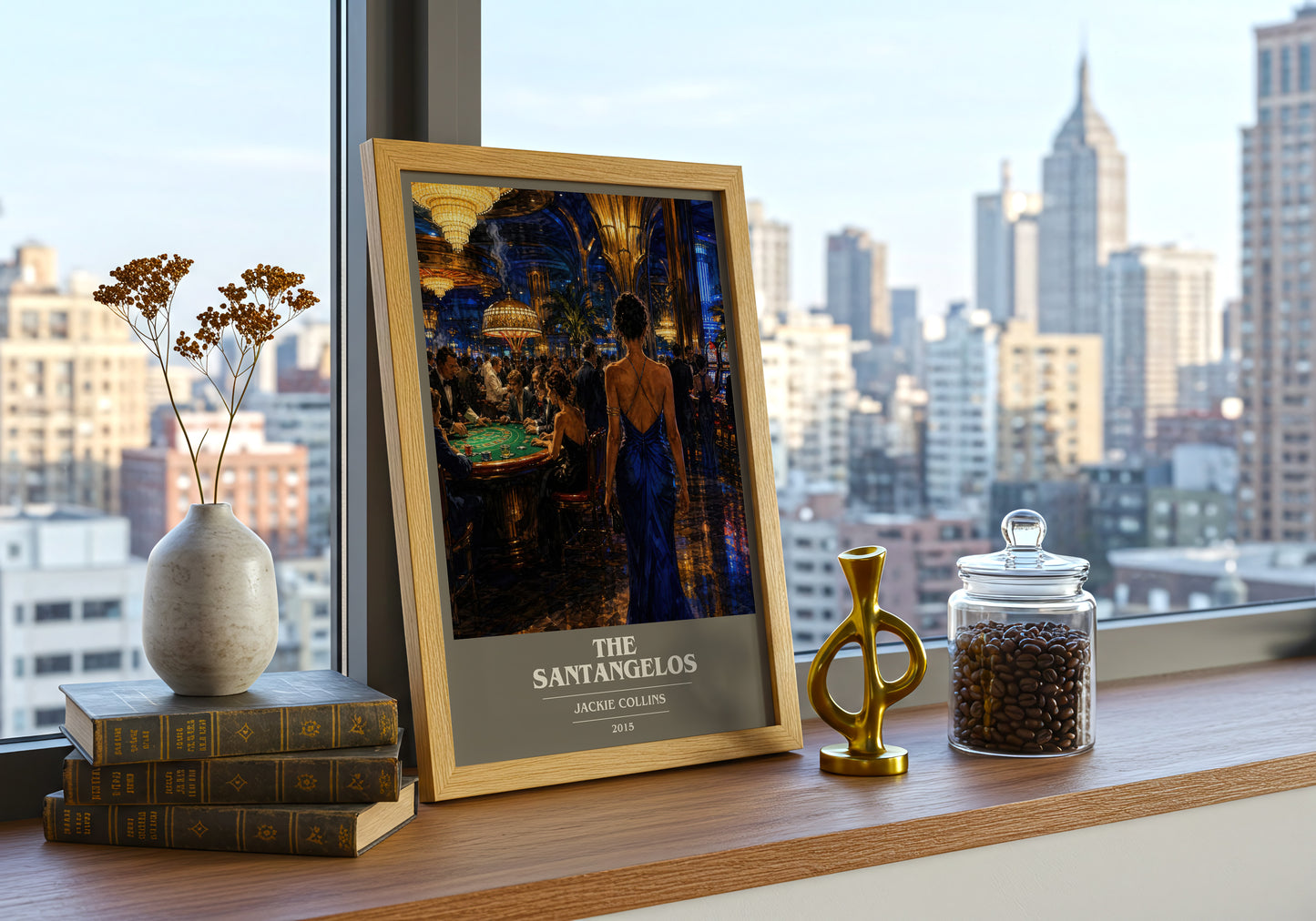 The Santangelos book cover print framed by window – literary home decor