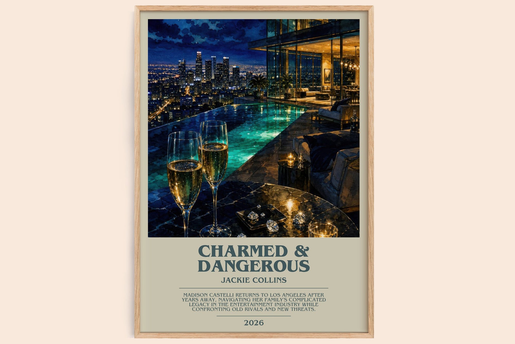 Charmed & Dangerous bookish book poster by Jackie Collins – framed literary art print