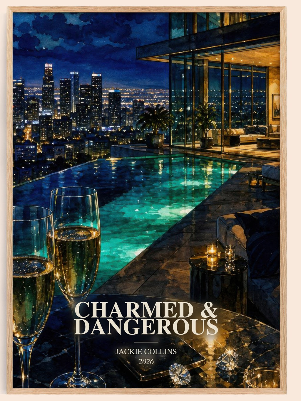 Charmed & Dangerous watercolour book poster by Jackie Collins – framed literary art print