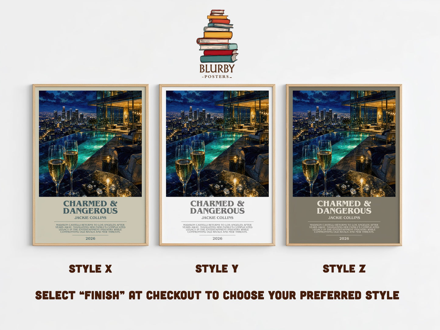Charmed & Dangerous bookish print in frame leaning in hallway – contemporary fiction wall art
