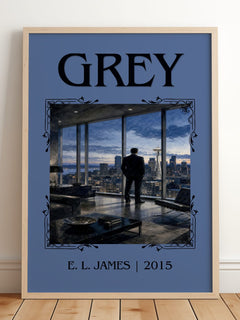 Grey Classic Book Art Print by E. L. James – framed print leaning on a wooden floor