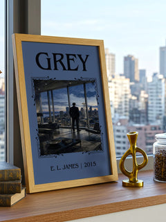 Grey Classic Book Art Print by E. L. James – framed print on a city-view windowsill