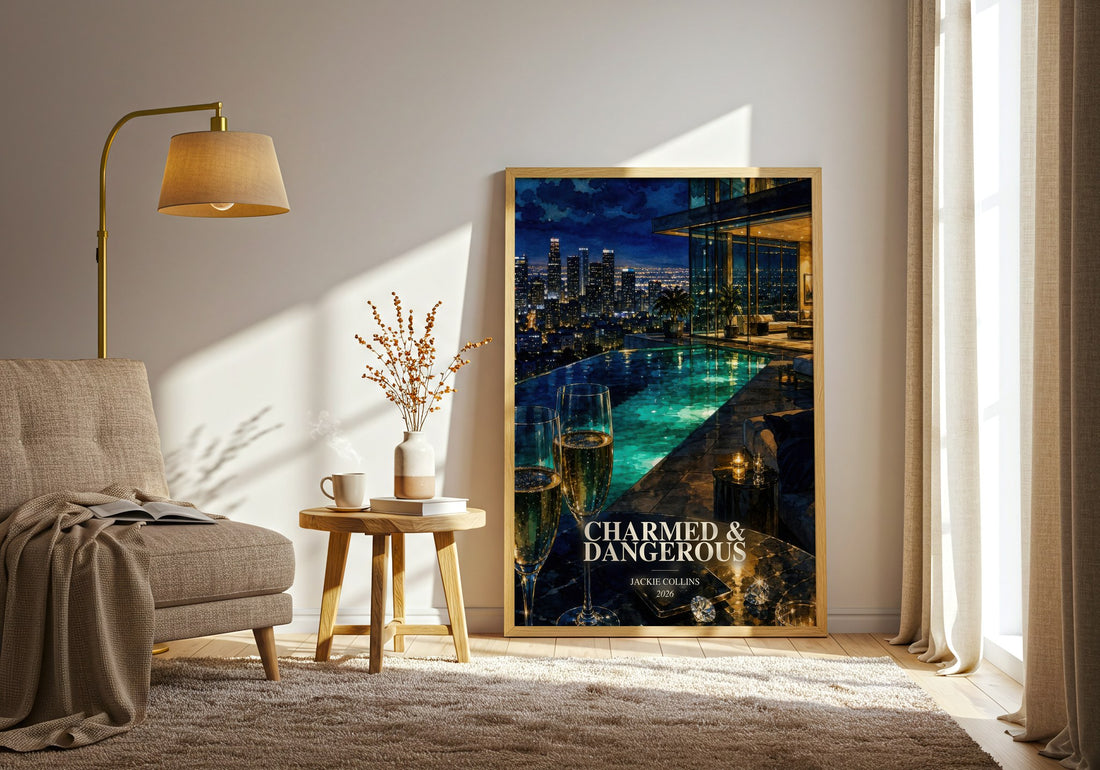 Charmed & Dangerous watercolour print in frame leaning in hallway – contemporary fiction wall art (mockup)