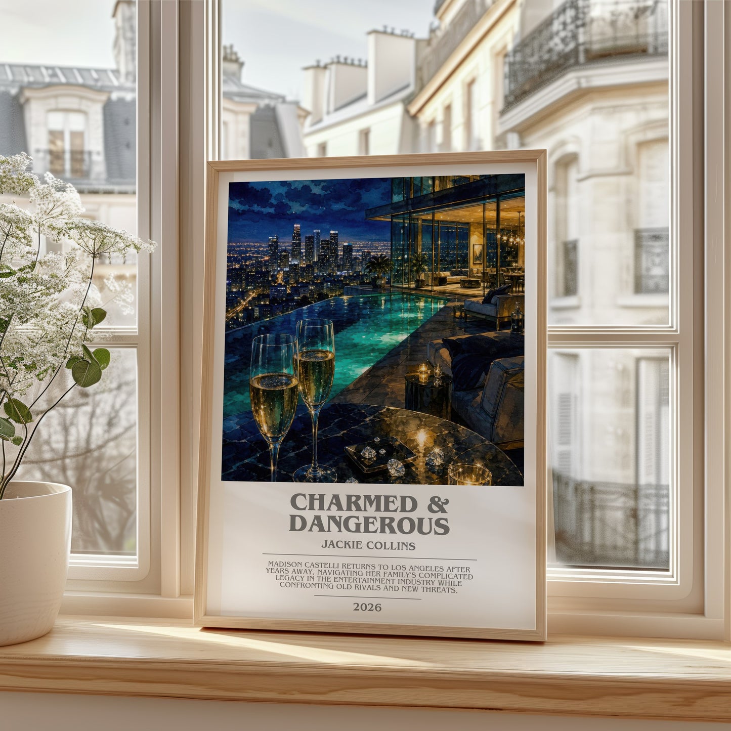 Charmed & Dangerous bookish poster colour and style options – Jackie Collins book art