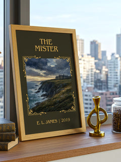 The Mister Classic Book Art Print by E. L. James – framed print on a city-view windowsill
