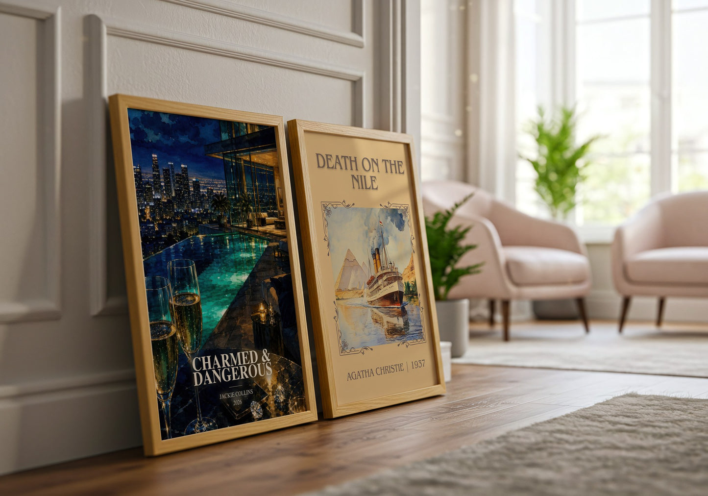 Charmed & Dangerous watercolour print framed by window – literary home decor