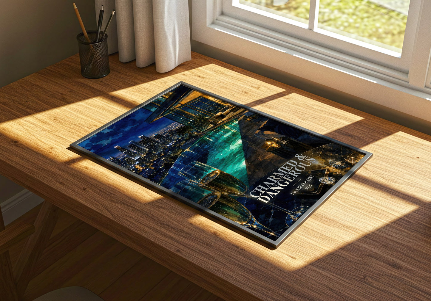 Charmed & Dangerous watercolour book poster framed on wall – contemporary fiction wall art