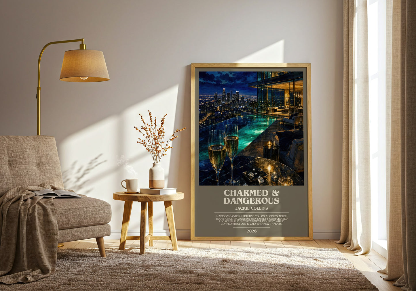 Charmed & Dangerous bookish print on bookshelf – Jackie Collins fan gift