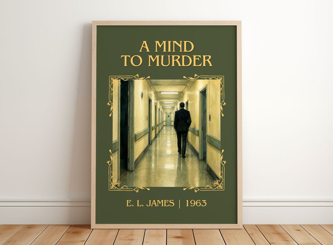 A Mind to Murder Classic Book Art Print by E. L. James – framed print leaning on a wooden floor