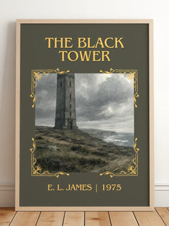 The Black Tower Classic Book Art Print by E. L. James – framed print leaning on a wooden floor