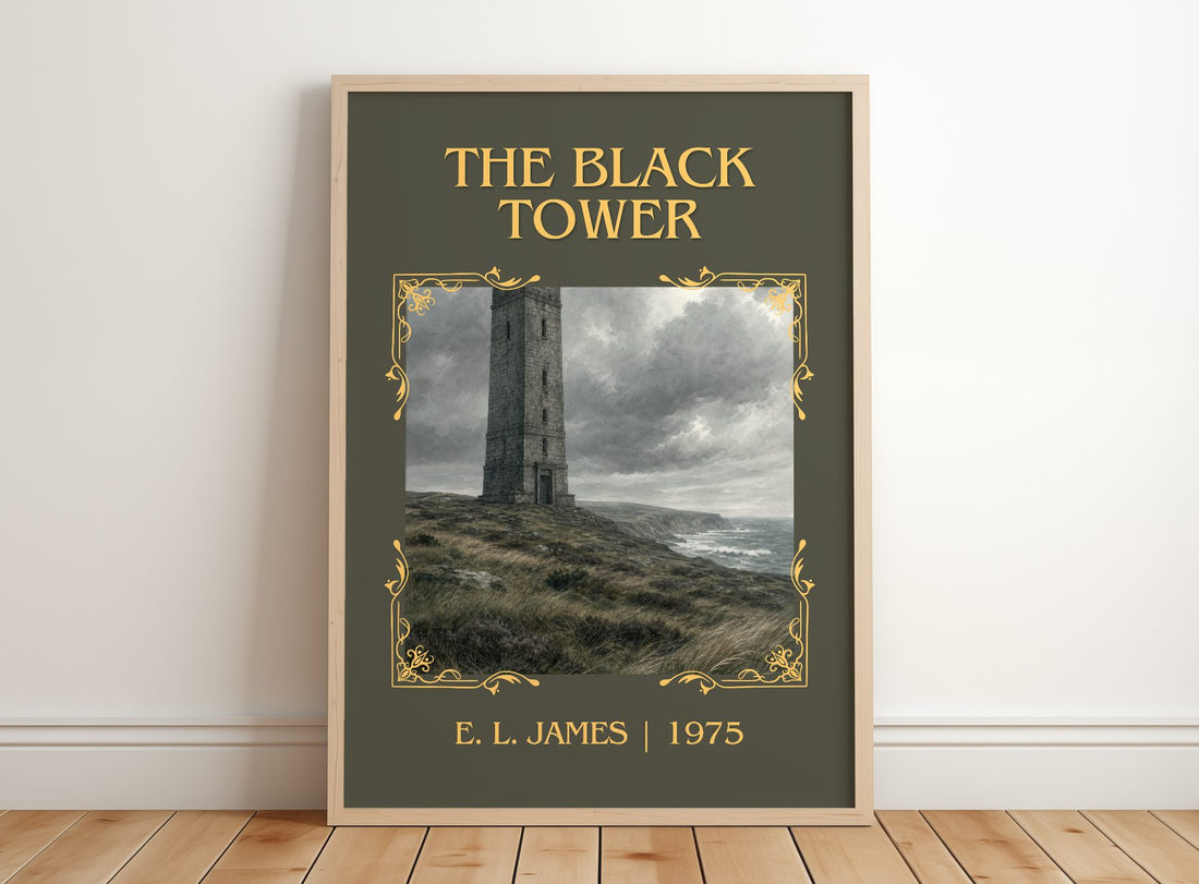 The Black Tower Classic Book Art Print by E. L. James – framed print leaning on a wooden floor