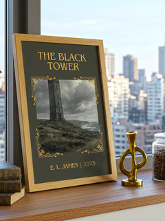 The Black Tower Classic Book Art Print by E. L. James – framed print on a city-view windowsill