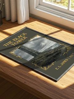 The Black Tower Classic Book Art Print by E. L. James – print on a sunlit desk