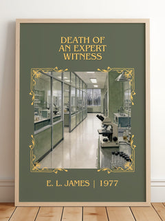 Death of an Expert Witness Classic Book Art Print by E. L. James – framed print leaning on a wooden floor