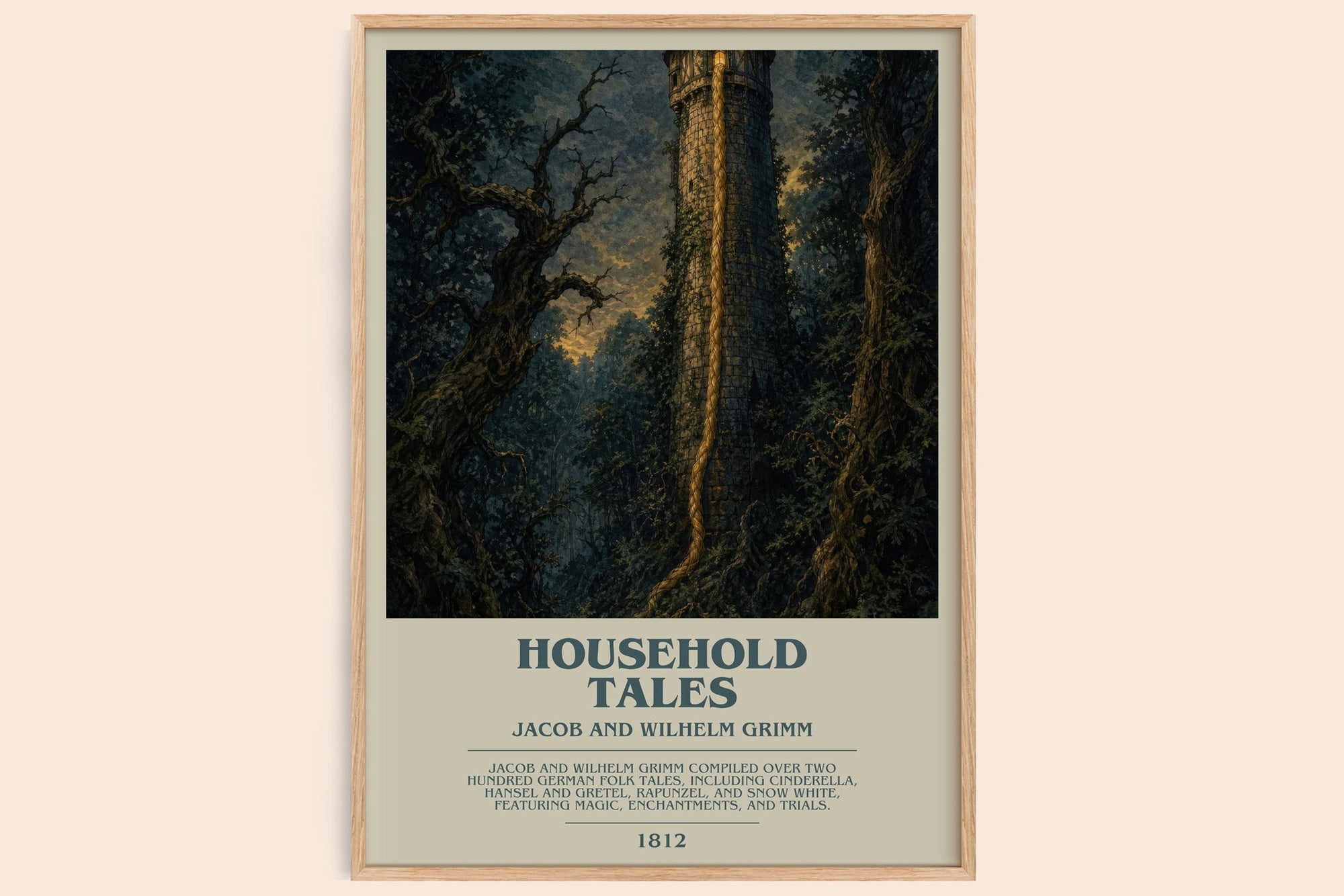 Household Tales bookish book poster by Jacob And Wilhelm Grimm – framed literary art print